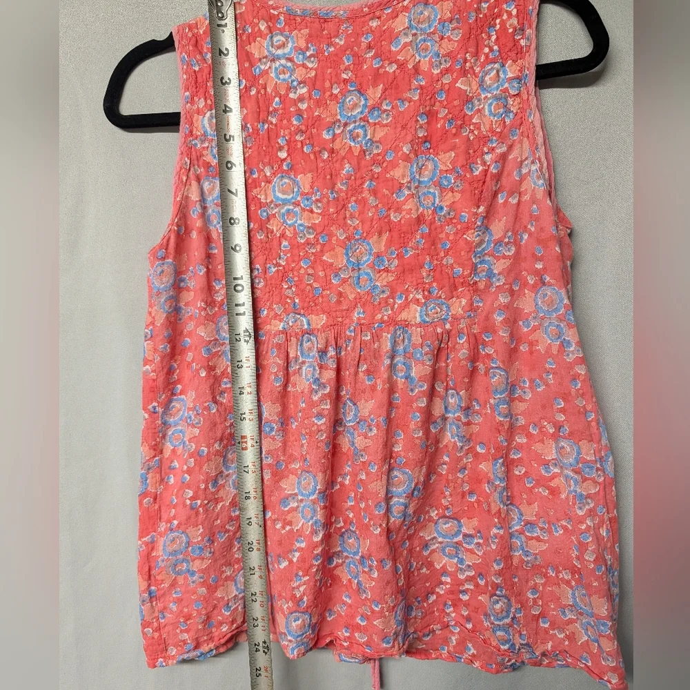 Boho Floral Quilted Embroidered Lace-Up Blouse Tunic - Coral and Blue
